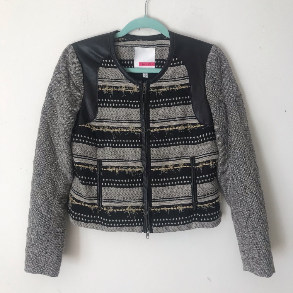 Tracy Reese Quilted Tweed & Leather Jacket
